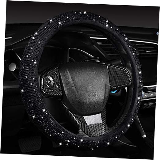 Women Fashion Velvet Bling Steering Wheel Cover with Diamonds, 15 inch Black