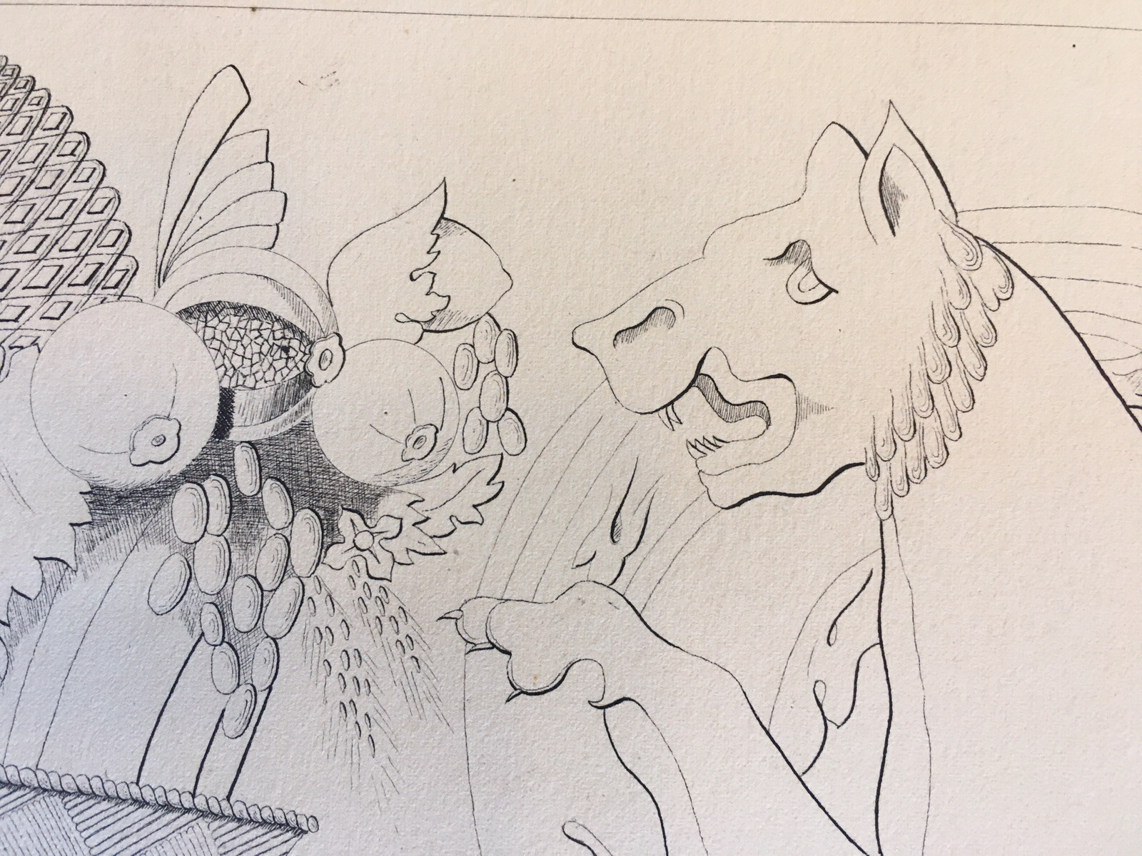 Superb Hand-drawn Ink Lion Basket Acanthus Leaf 1865 Size A3