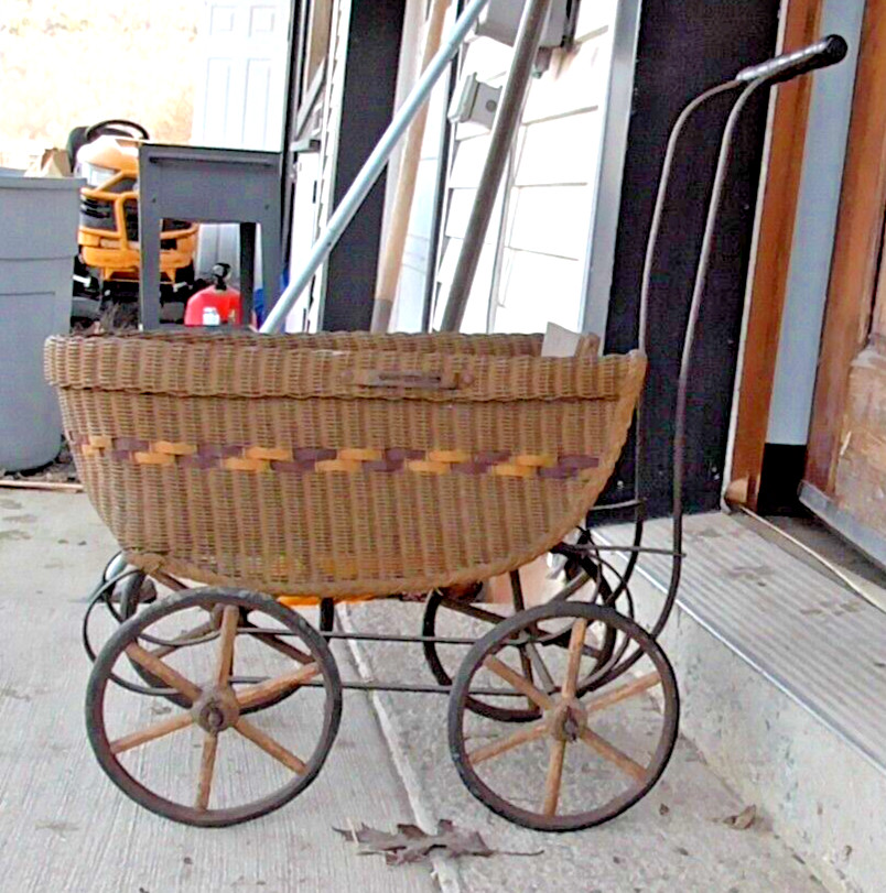 Antique Wicker & Metal Doll Dog Carriage Vintage