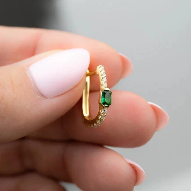 2Ct Emerald Cut Lab-Created Emerald Huggies Hoop Earrings 14k Yellow Gold Plated