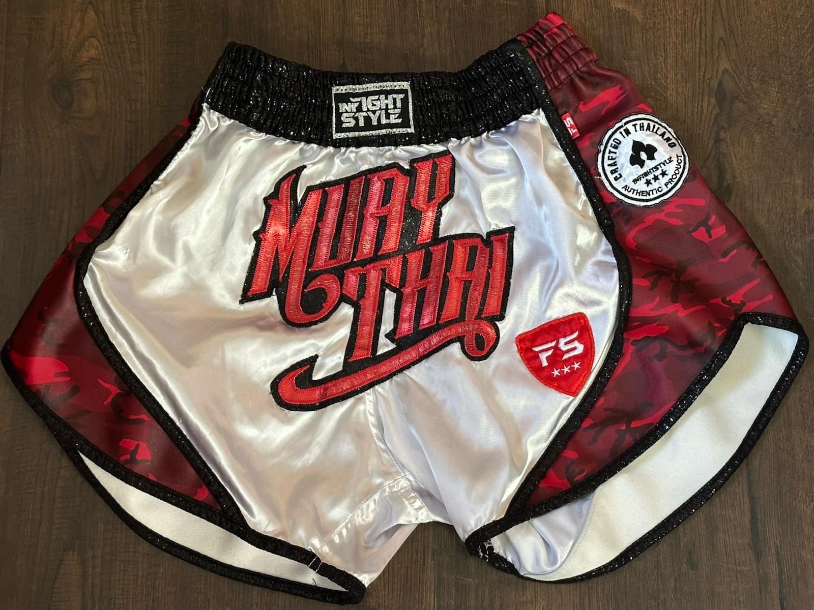 InFightStyle FS Muay Thai Shorts White with Muay Thai In Red Black Waistband L
