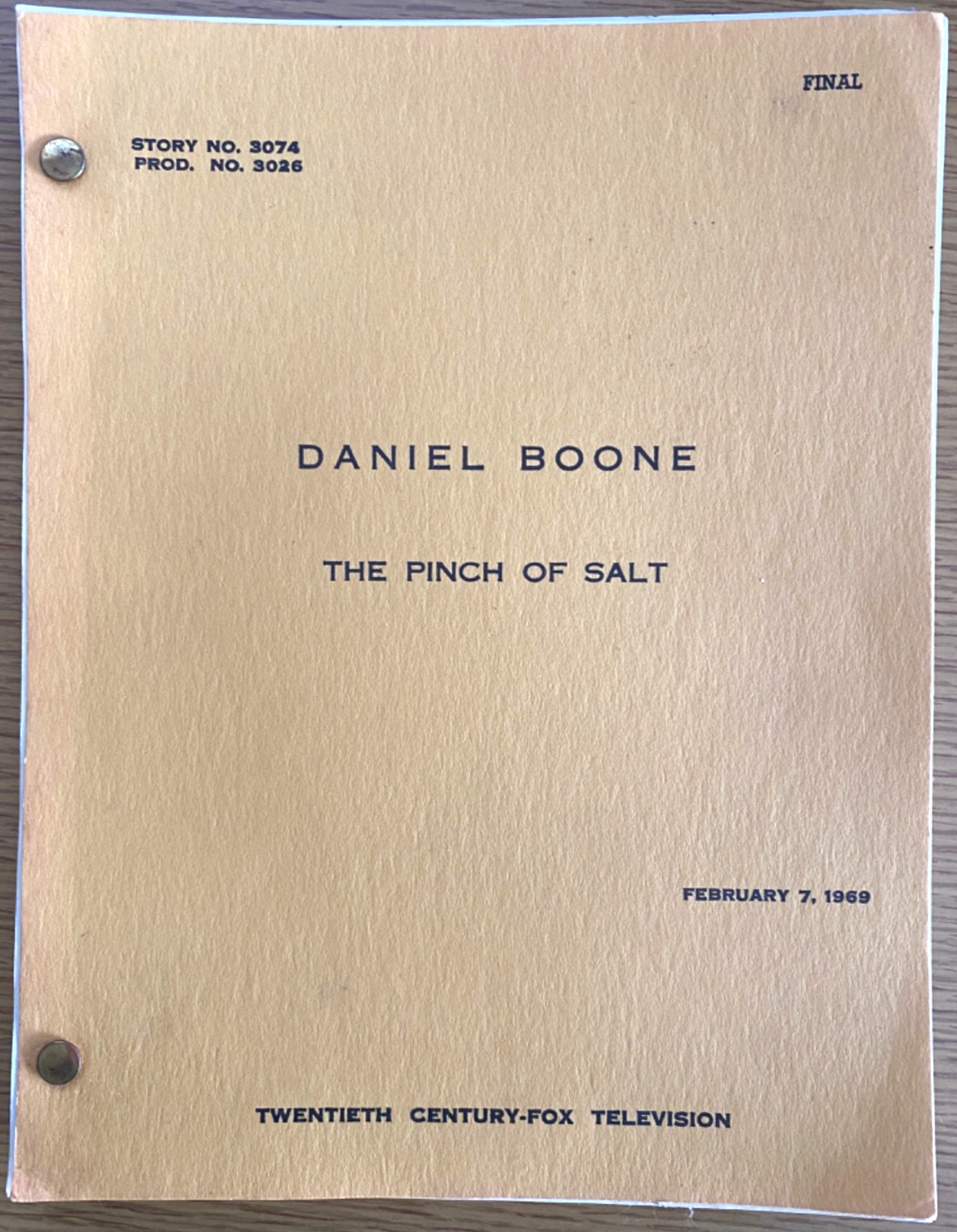 1969 DANIEL BOONE w/ FESS PARKER original TV television script THE PINCH OF SALT