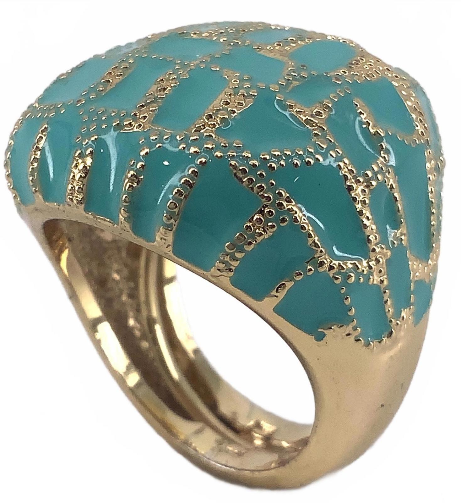 Vintage Enamel Gold Tone Modernist Dome Ring Teal Blue Textured Boho Band size 6
