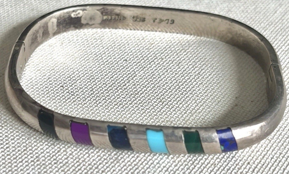Vtg Mexican Sterling Silver Taxco Multi Stone Inlay Hinged Cuff Bracelet TD-79