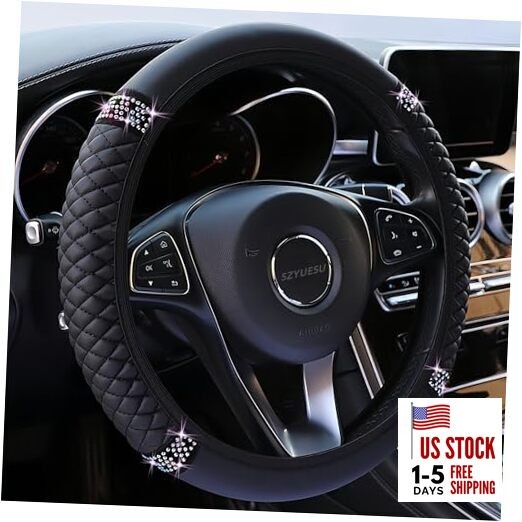 Bling Soft Leather Steering Wheel Cover 15 Inch with Sparkly Diamond Black