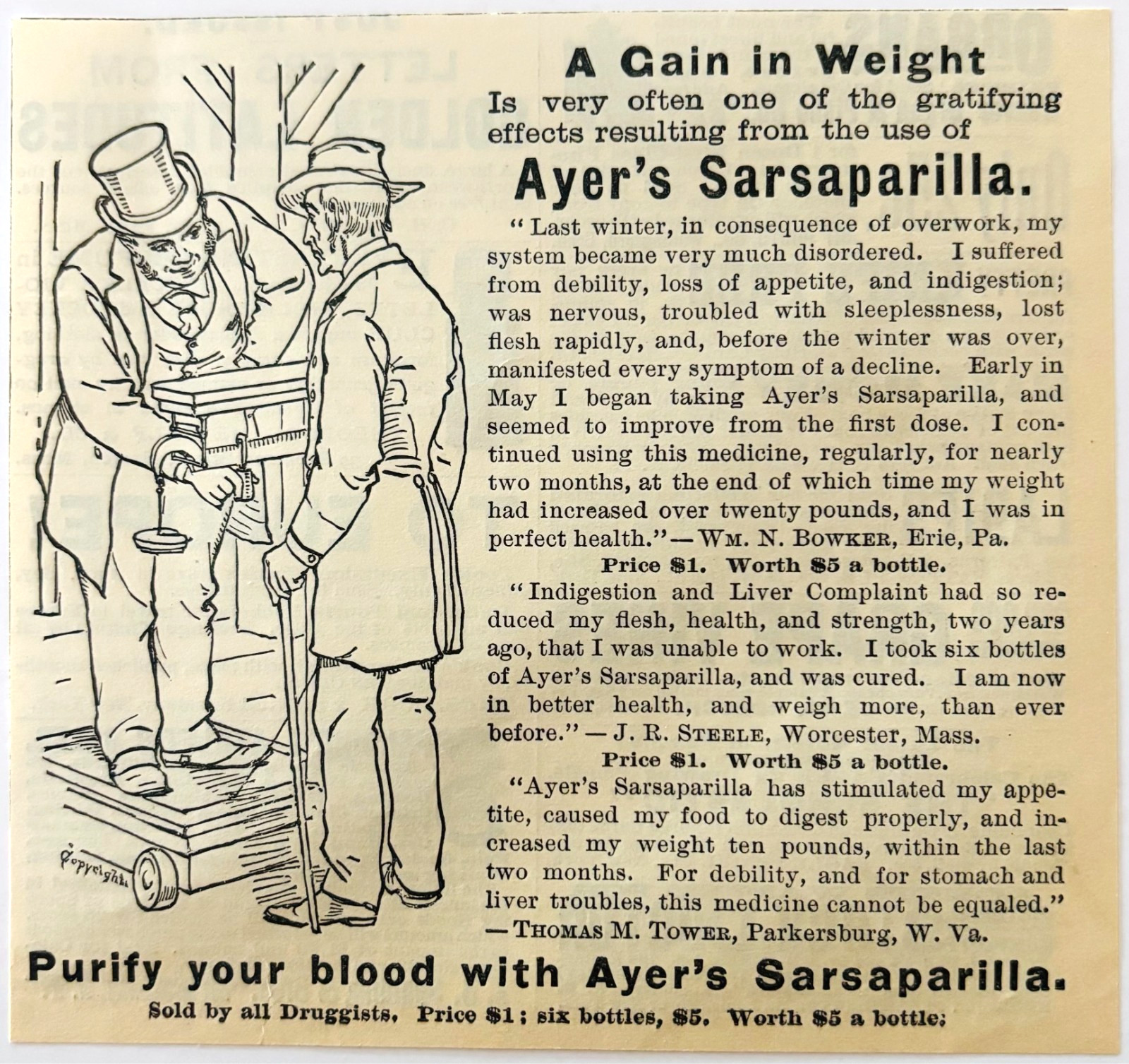1886 Ayers Sarsaparilla Advertisement Victorian Quack Medicine Weight DWKK27F