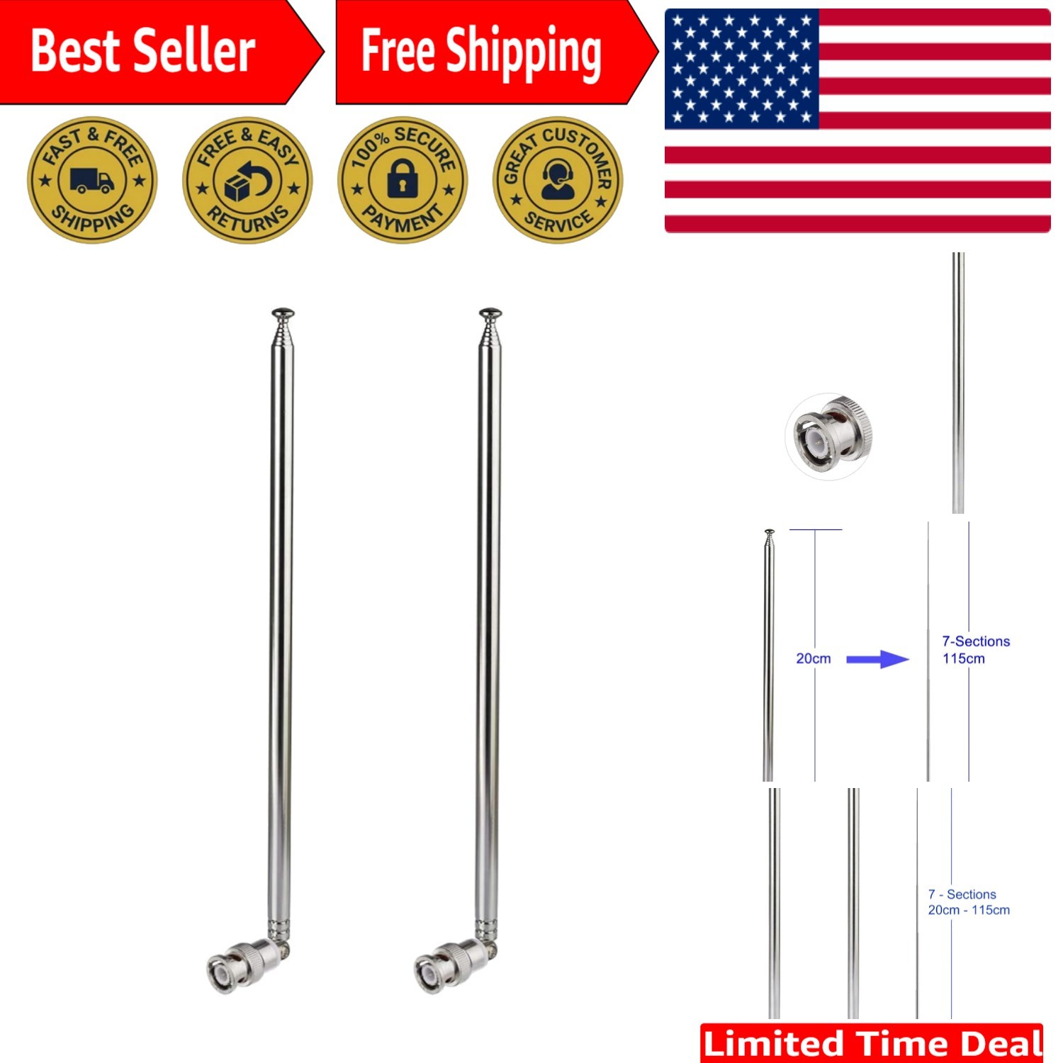 Compact Antenna Set: 20-1300MHz Telescopic Design for Two-Way Radios - 2-Pack