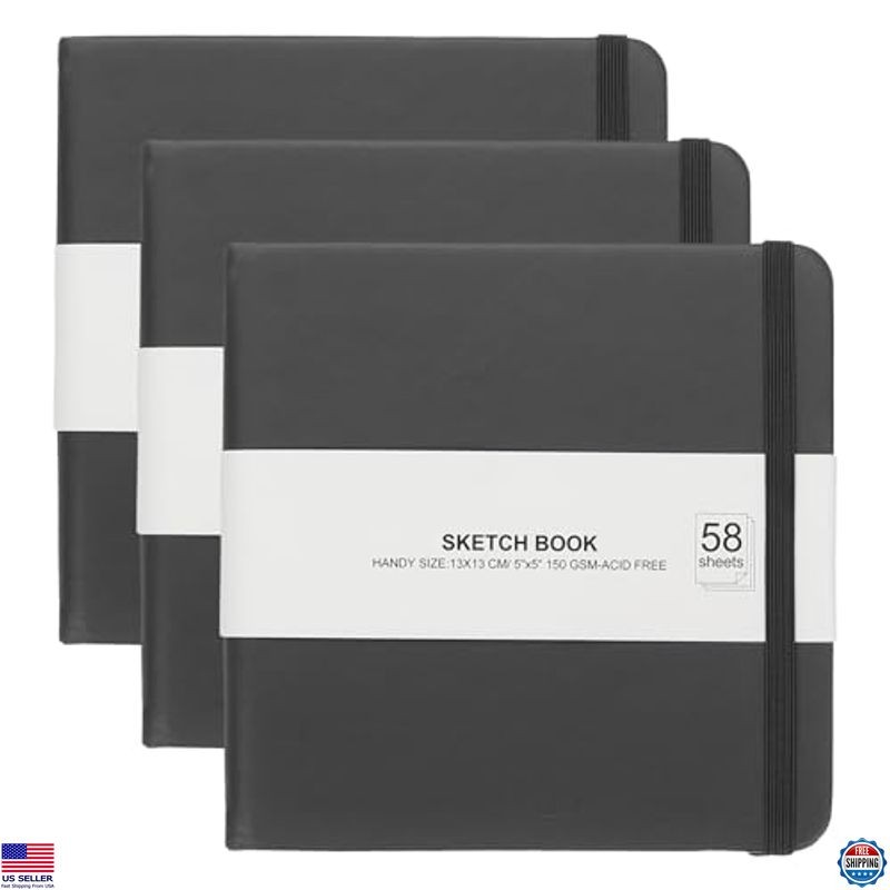 PATIKIL 5x5" Premium Black Leather Pocket Sketchbook Set of 3, 58 Sheets 150GSM