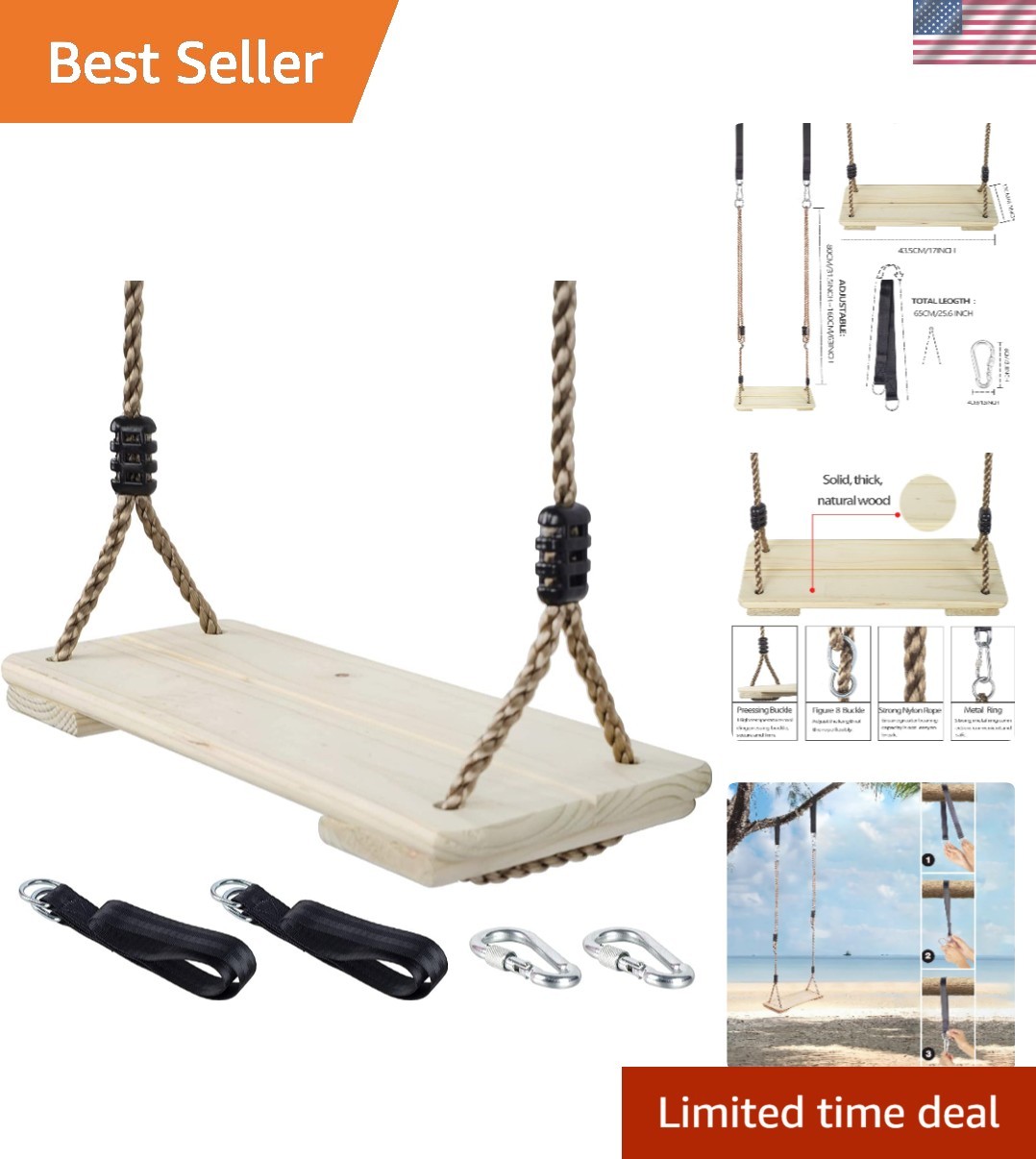 Wooden Swing Seat, Nostalgic Outdoor Wood Swing for Kids , Tree Straps Set Ac...