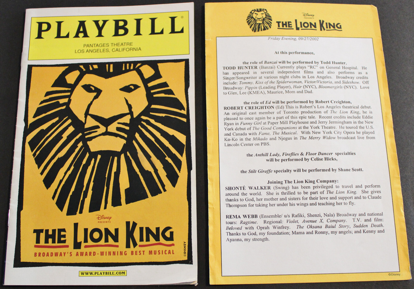 Vintage 2002 THE LION KING PLAYBILL PANTAGES THEATRE LOS ANGELES CA B2