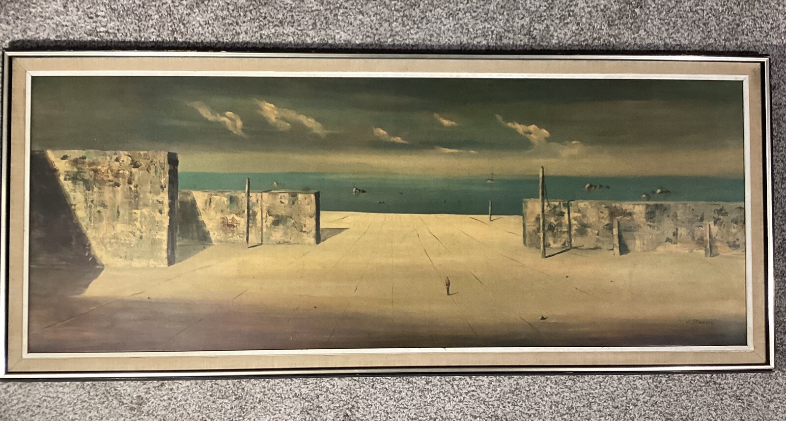 VTG Art Surreal modernism John J. STANCIN Landscape Mcm LITHOGRAPH print Large 