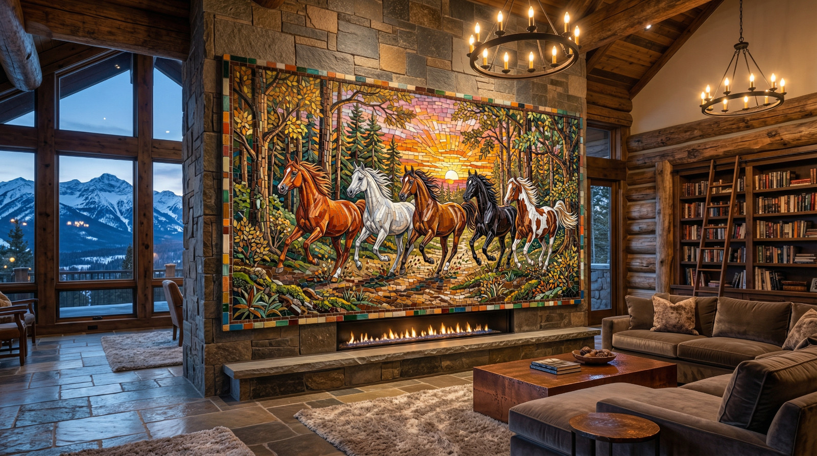 Elegant horse mosaic art in warm rustic sunset lodge setting
