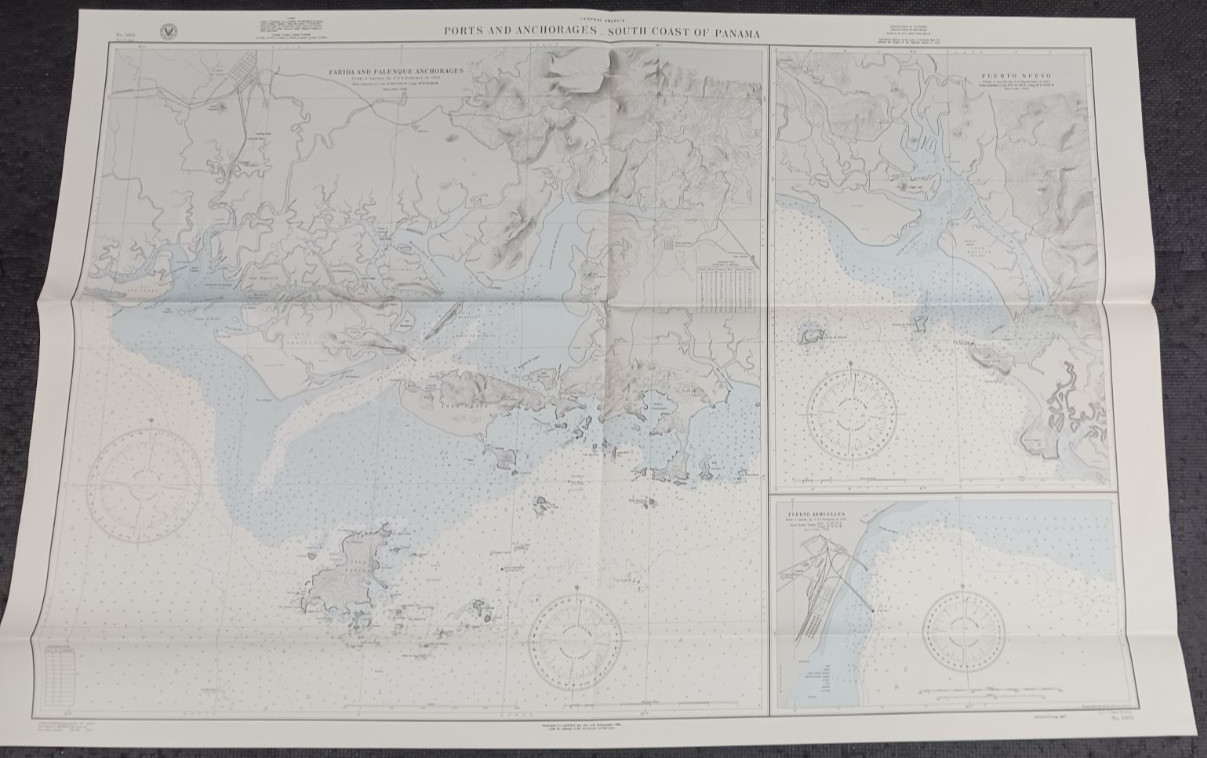 1937 PANAMA 33"x49" MAP PORTS And ANCHORAGE U.S.S. HANNIBAL & U.S.S. NOKOMIS