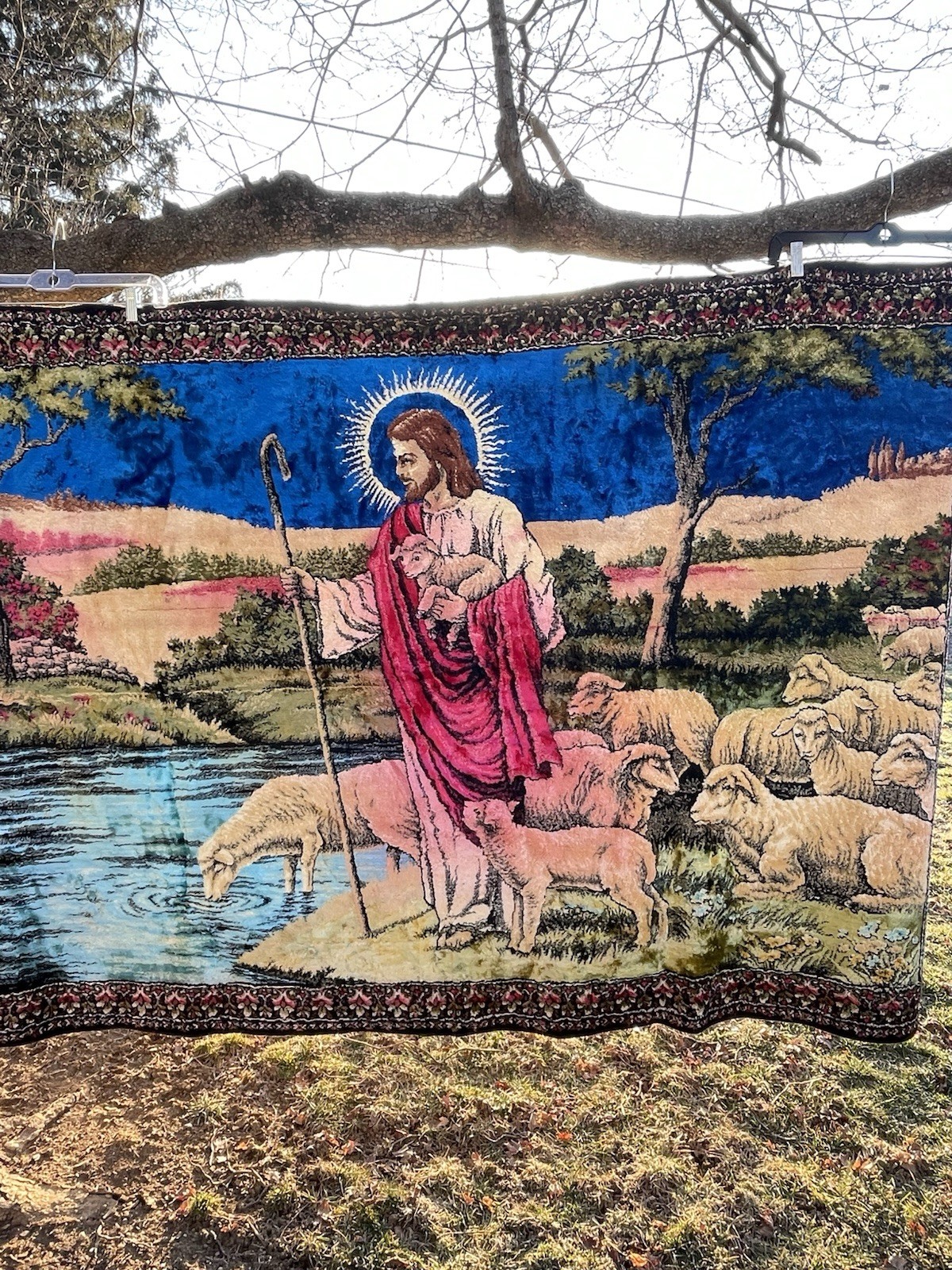 Vintage Crushed Velvet Tapestry 1970 Jesus Good Shepherd Flock Of Sheep 70Lx47W