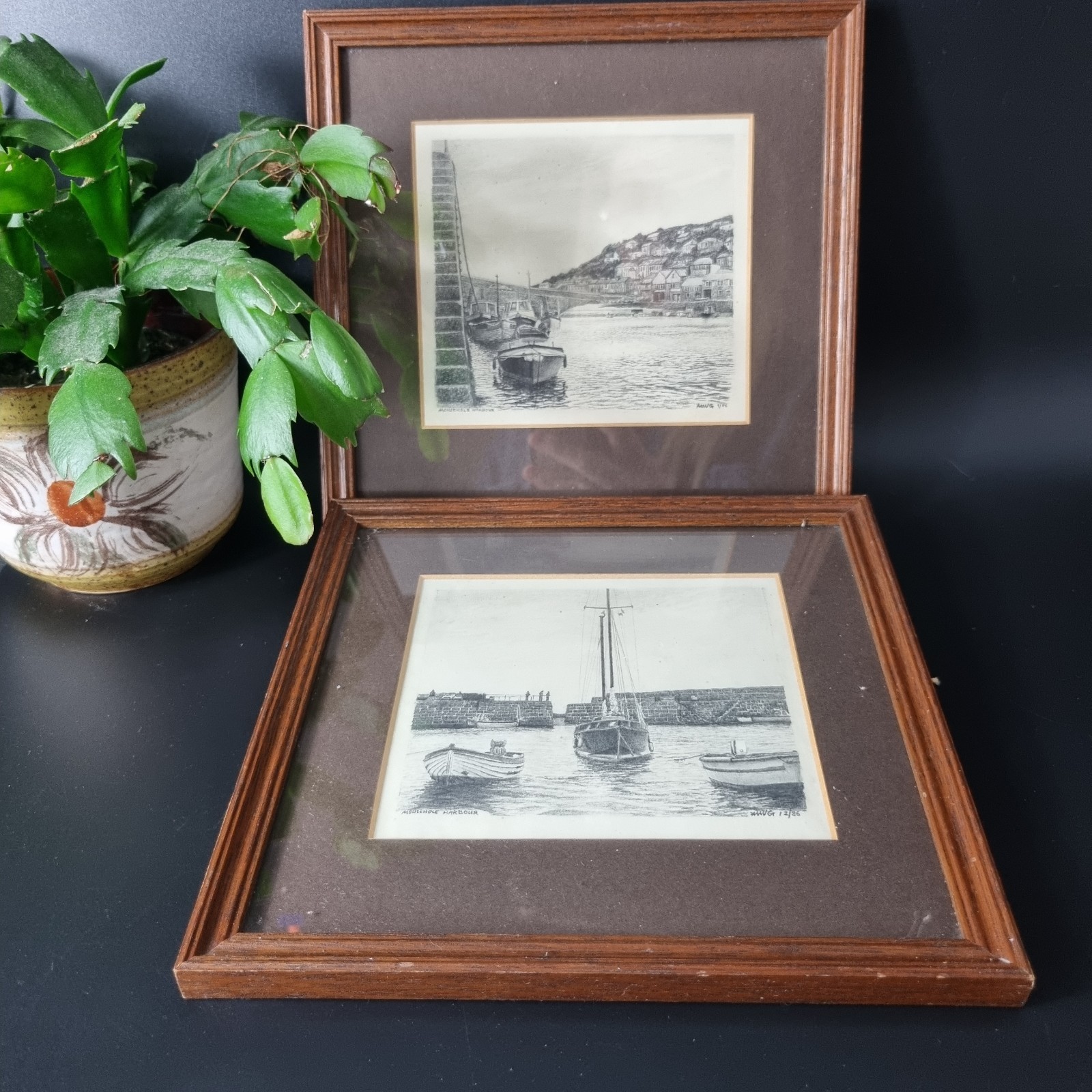 Pair Of Framed Print Pencil Sketches Of Mousehole Harbour Signed By Artist 1986