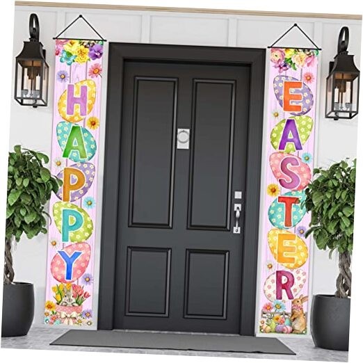 Easter Porch Banner Bunny Egg Rabbit Daisy Party Front Door Sign Wall Hanging 