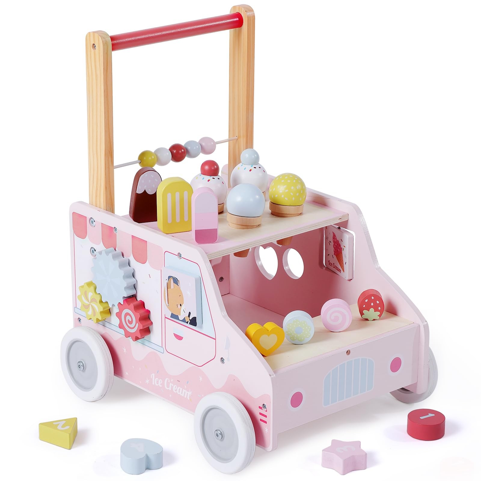 Wooden Baby Walker, Push Activity Walker for Kids 12M+, Multifunctional Ice C...