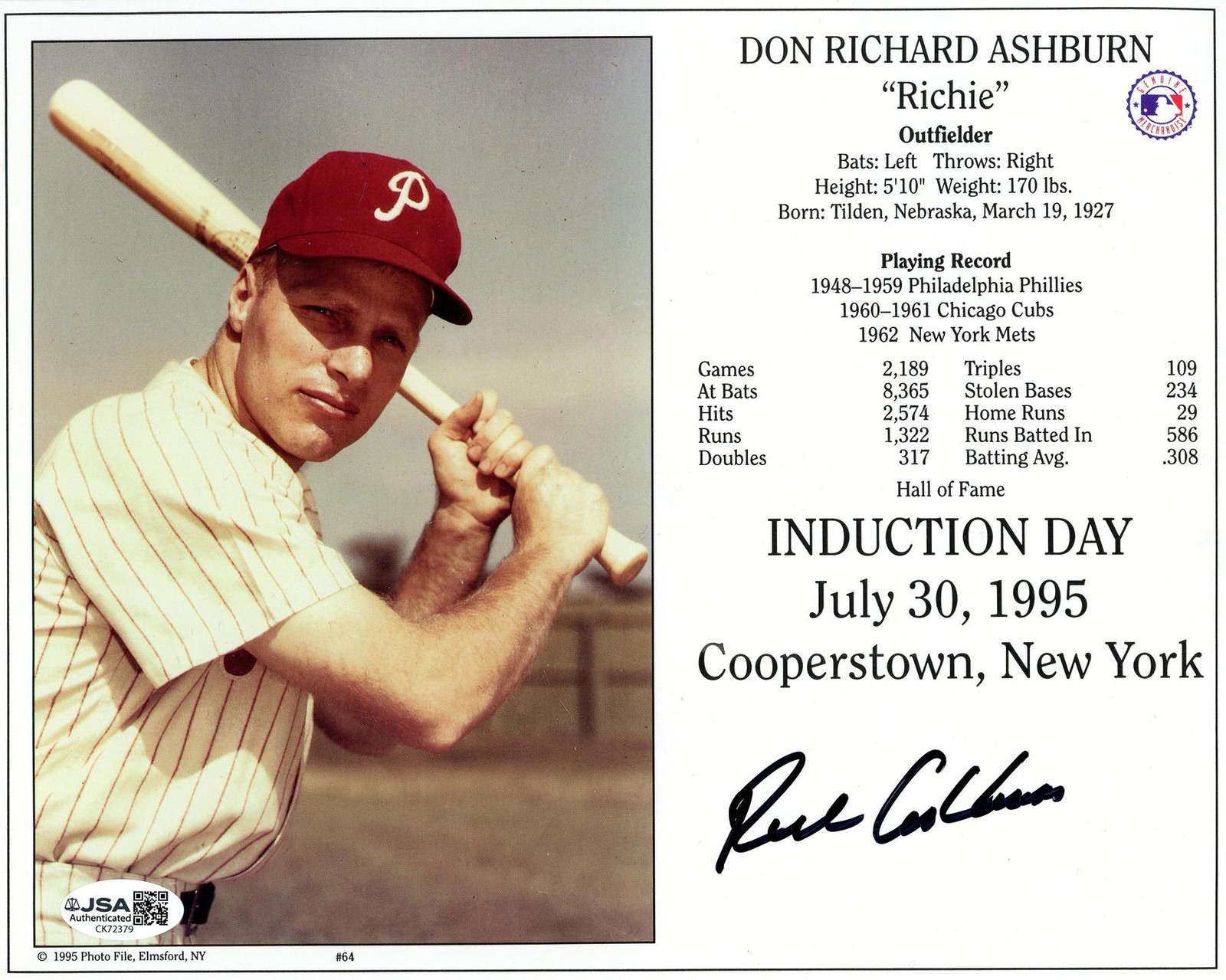 Richie Ashburn Autographed 8x10 Photo JSA CK72379
