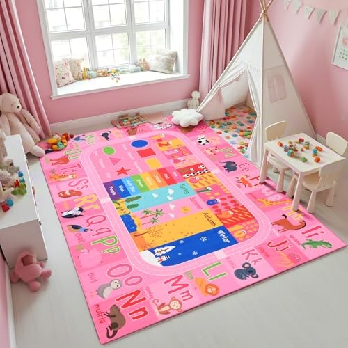 Pink Kids Rug for Playroom Classroom, ABC Alphabet Numbers Play Toddlers Rugs, 