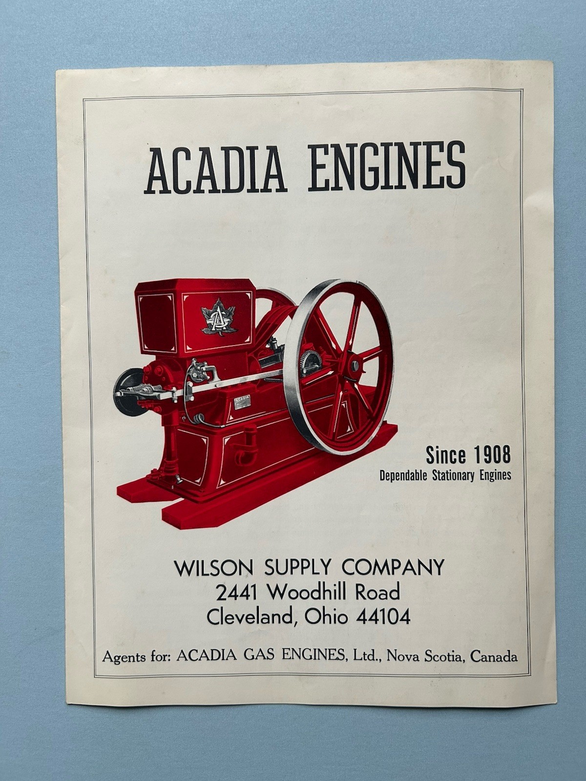 Acadia stationary Engines 1965 Info folder & prices. Wilson Supply Co.
