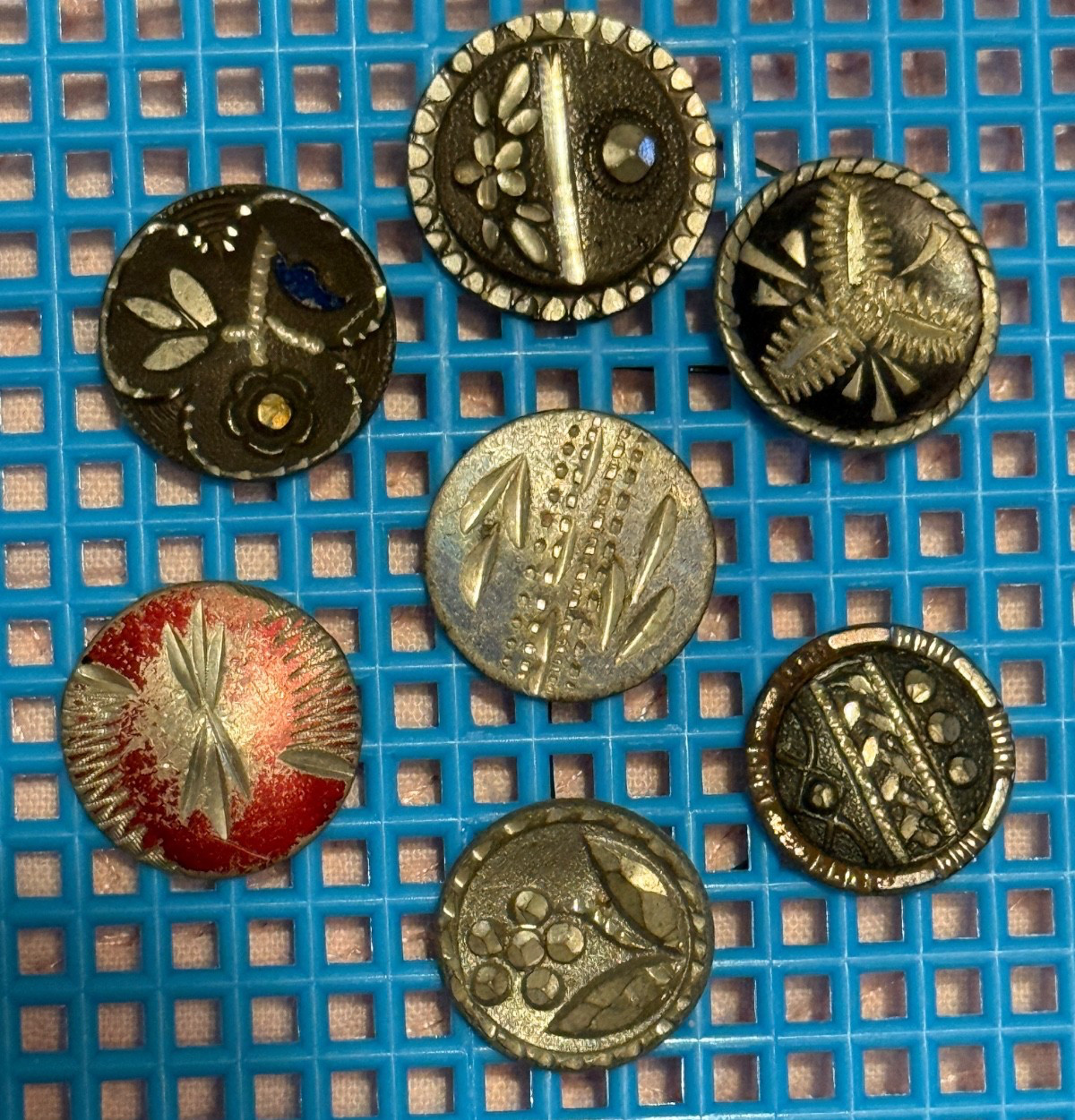 7 Antique etched Pewter small Buttons