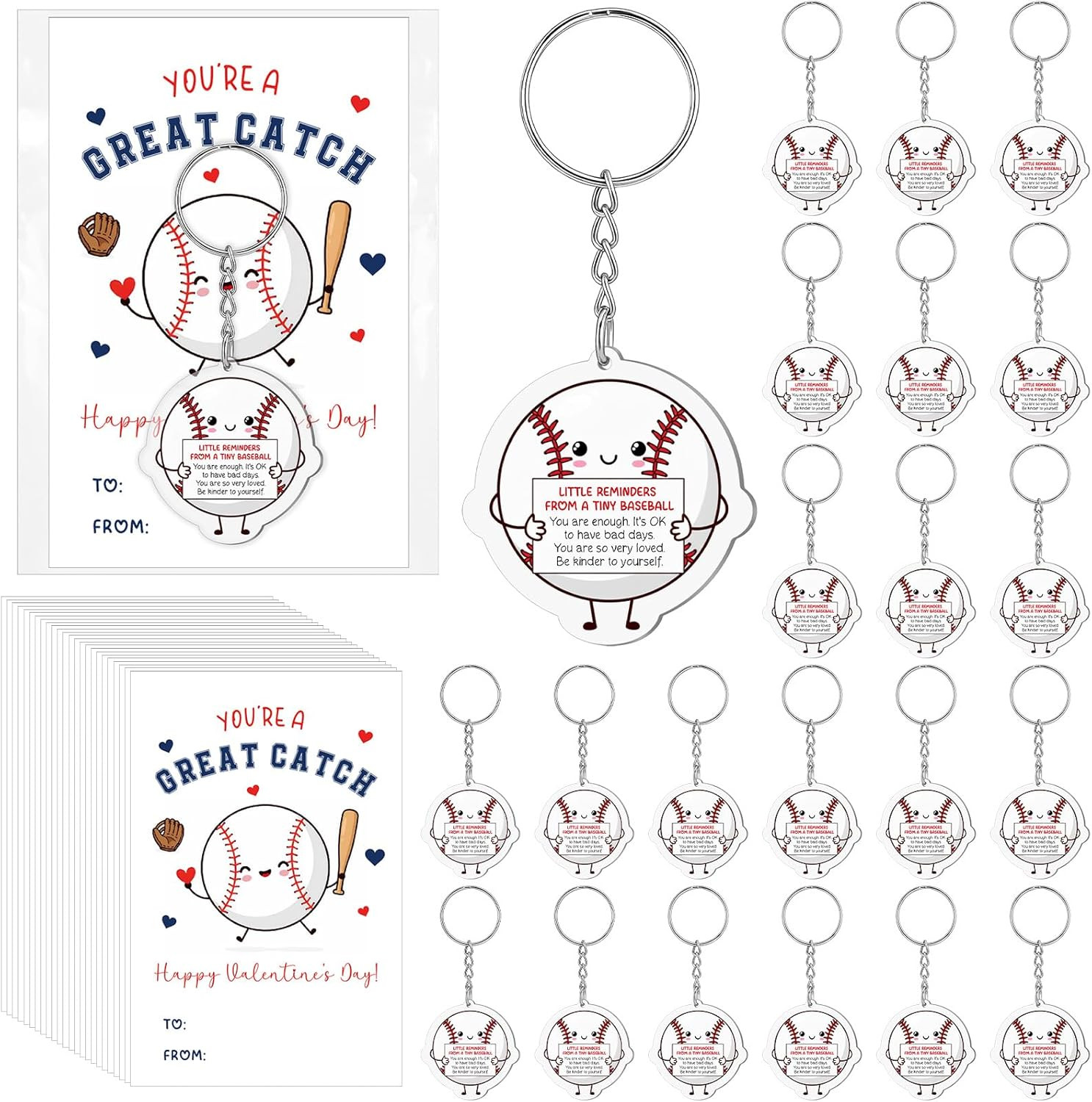24 Baseball Valentine Cards with Keychains and Gift Bags for School Parties