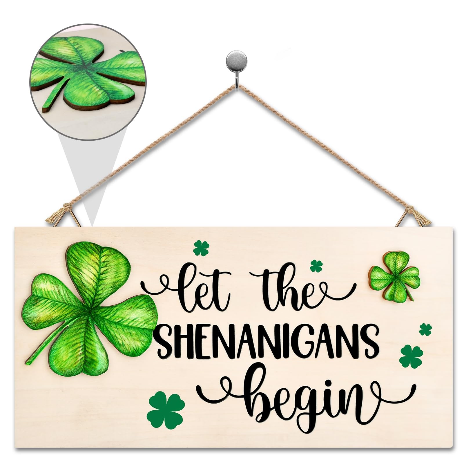 St Patricks Day Decorations Wood Sign with Two 3D Leaves Let light wood color 