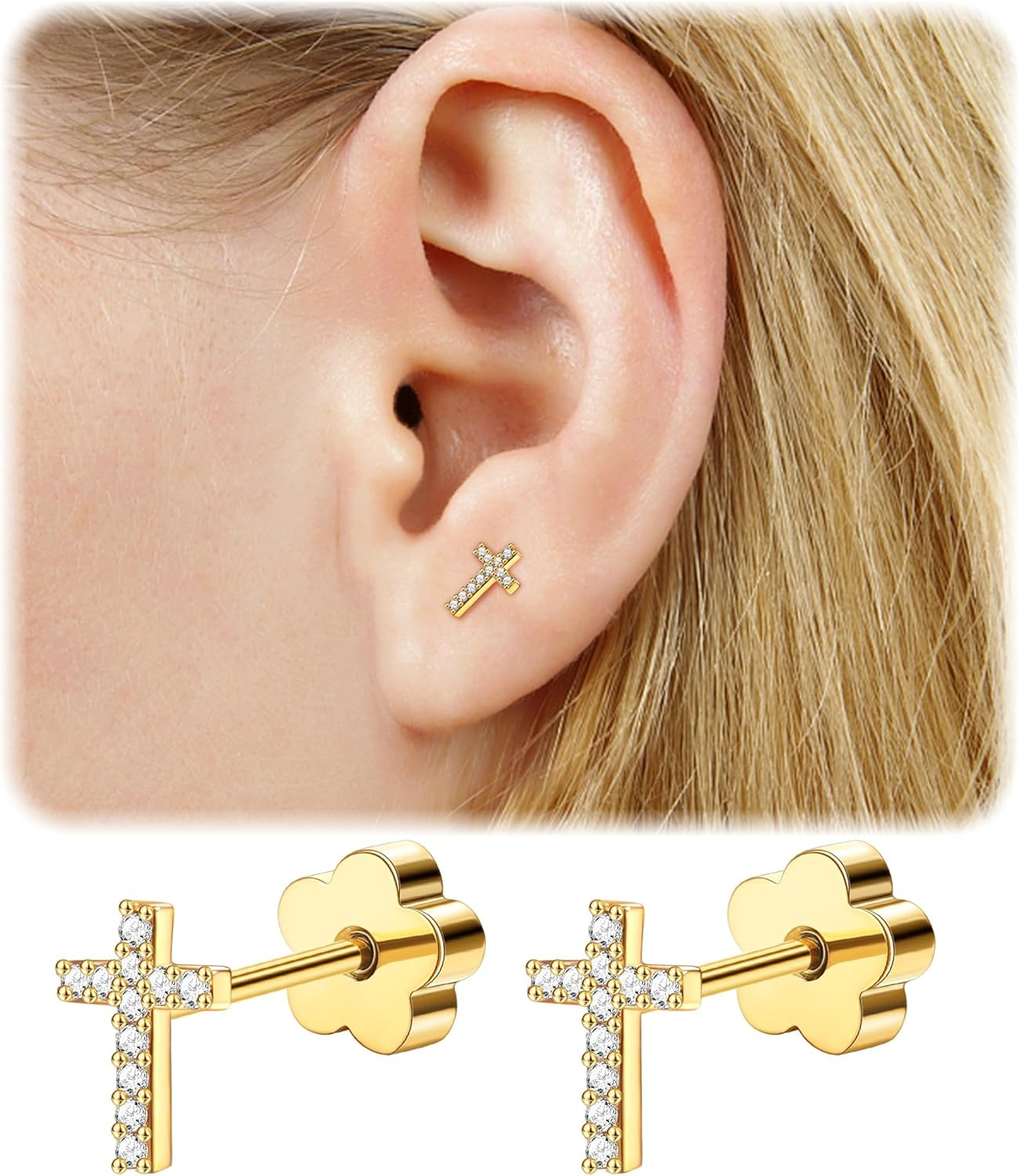 14K Gold Plated Small Stud Earrings for Girls Women Hypoallergenic Surgical Stee