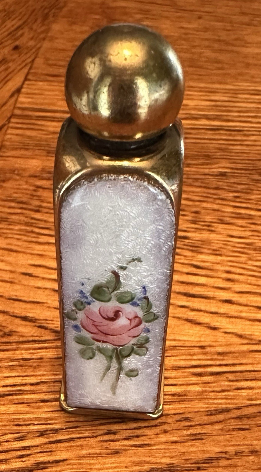 Vintage Gold Metal Guilloche Enamel Pink Rose Perfume Bottle Glass Stopper