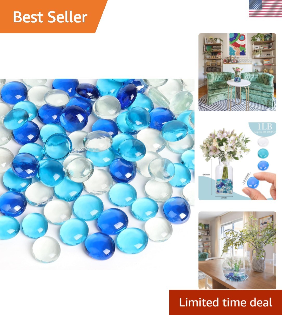 0.97 pounds, Flat Glass Marbles, Blue Mixed Gemstone Vase Fillers Beads Decor...