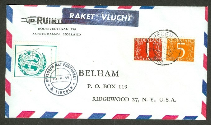 NETHERLANDS 10-9-59 ROCKET MAIL TO USA