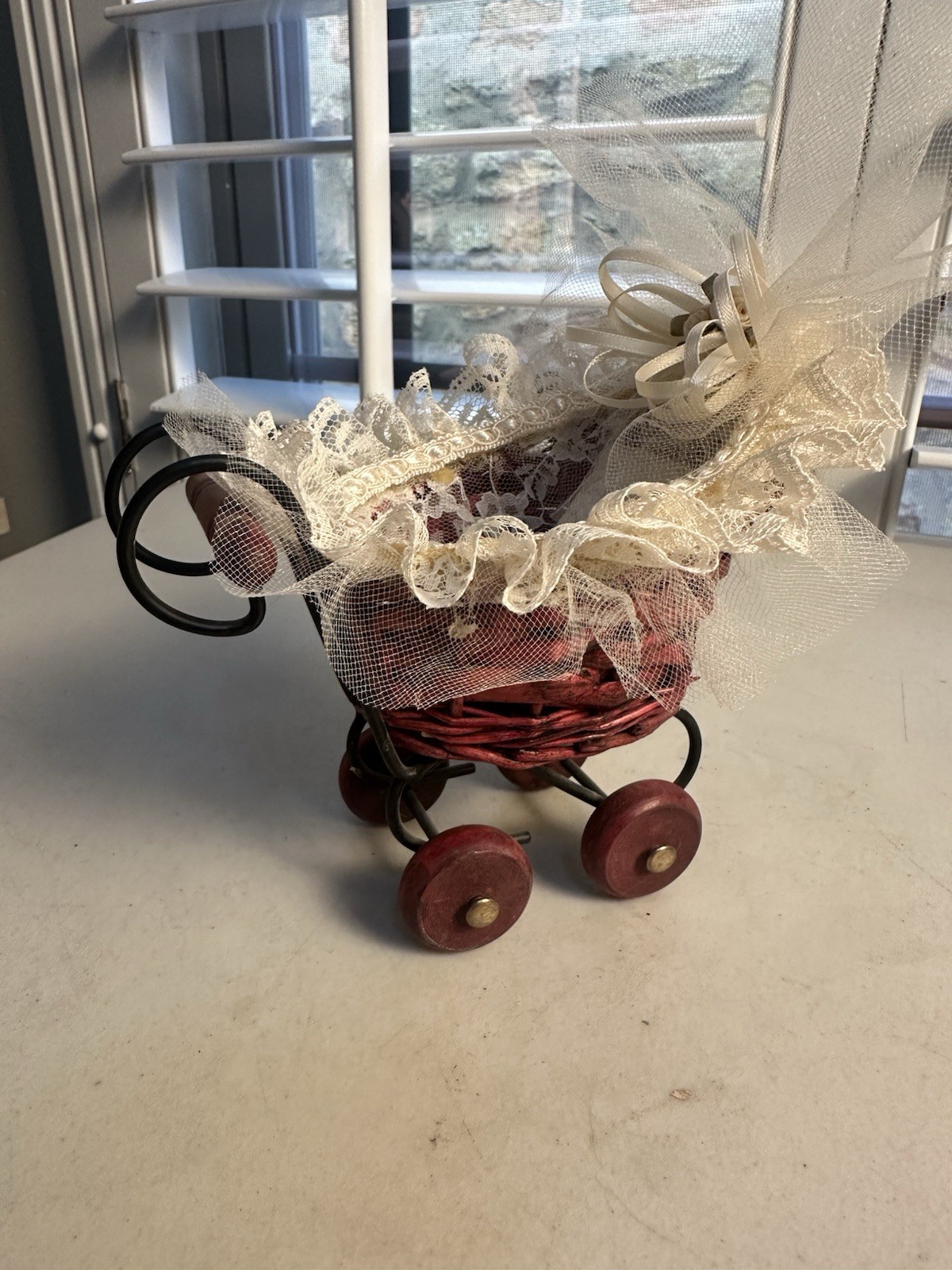 Vintage Baby Doll Carriage Victorian Style, Wicker & Lace w/Metal Frame, 1980s