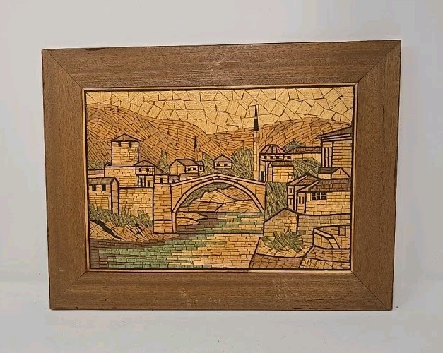 Vtd wood micro mosaic Mostar Europe mid century wall art picture Yugoslavian