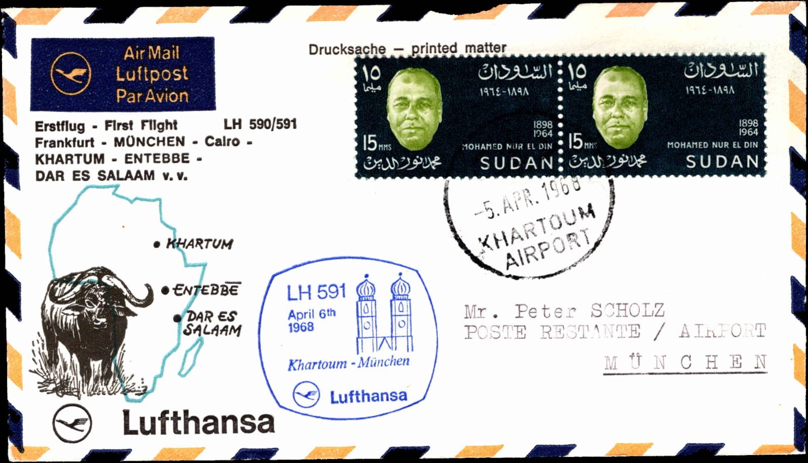 1968 Lufthansa First Flight LH591 Khartoum–Munich Airmail Cover Sudan