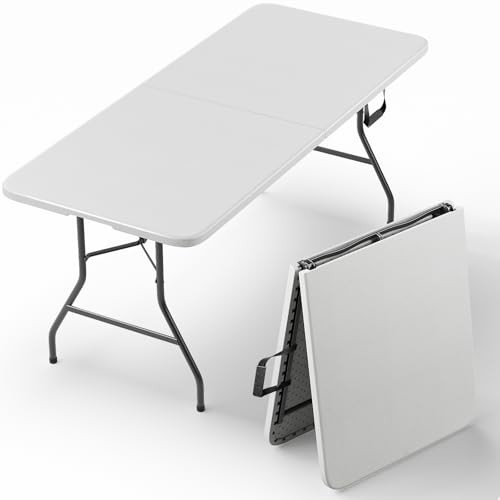Folding Table Foldable Picnic Table with Carrying Handle, Heavy Duty 6FT White