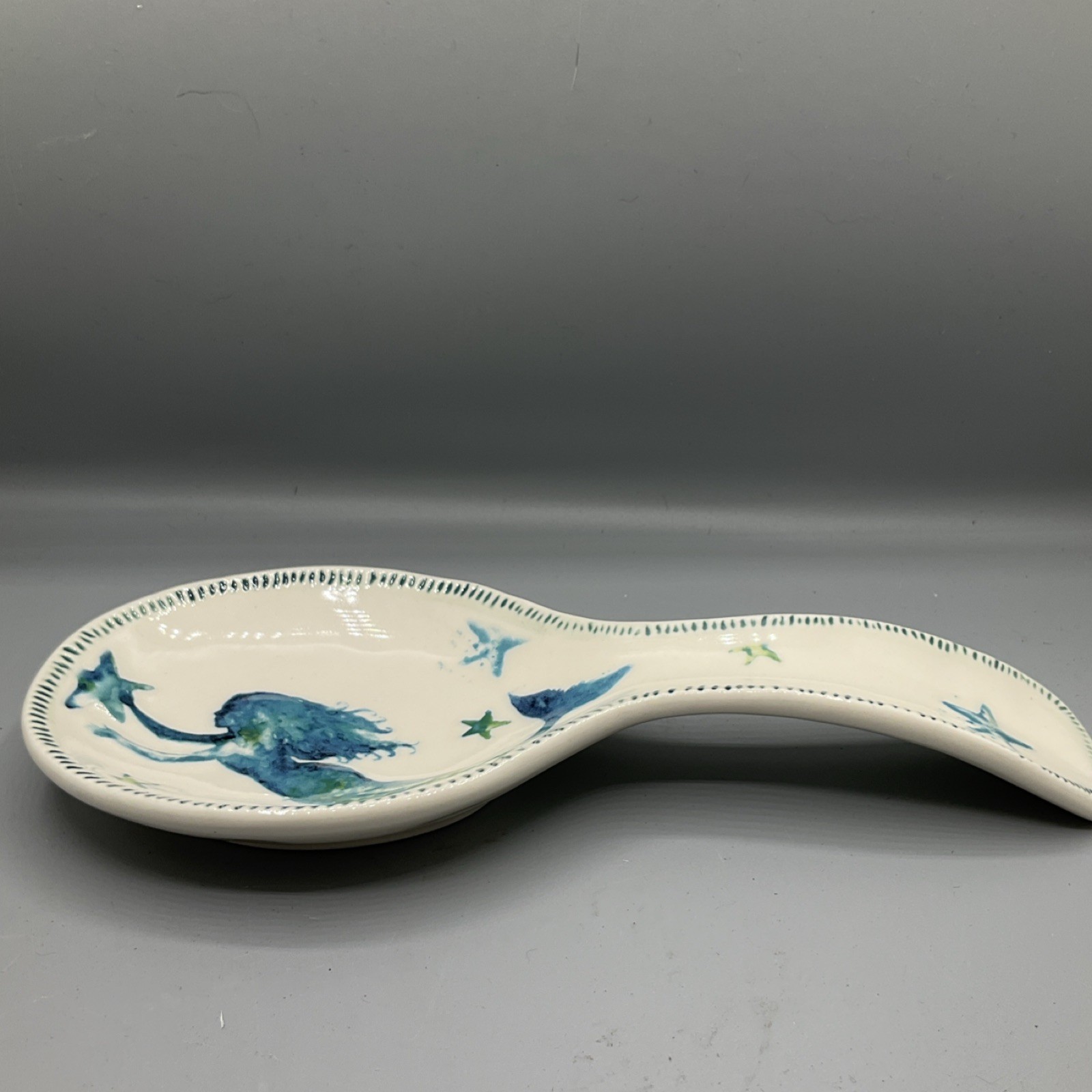 Coastal Design Ceramic Hand Painted Mermaid Spoon Rest Blue Green Sea Theme