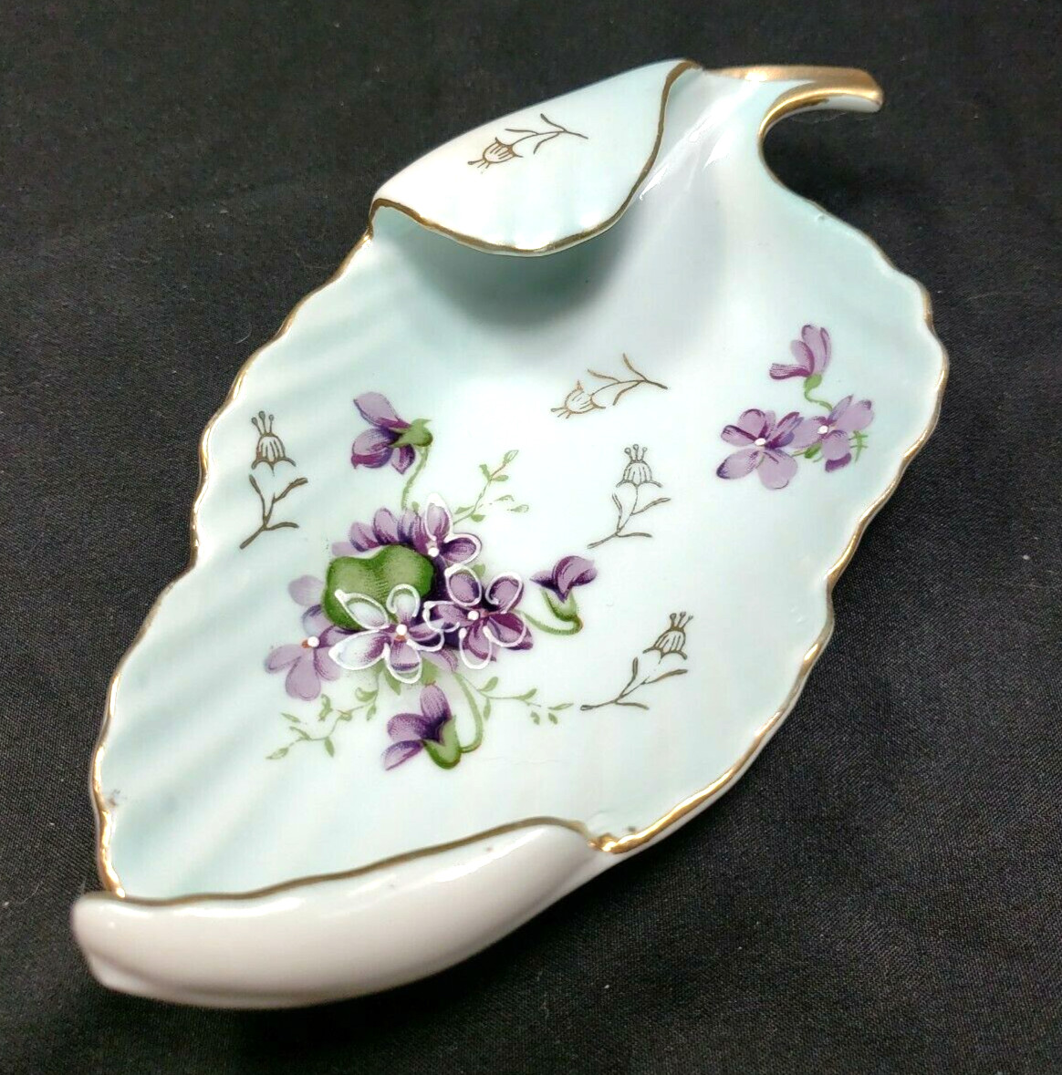 VTG Curled Leaf Shaped Porcelain Plate Purple Floral Pattern 7" ARNART Japan    