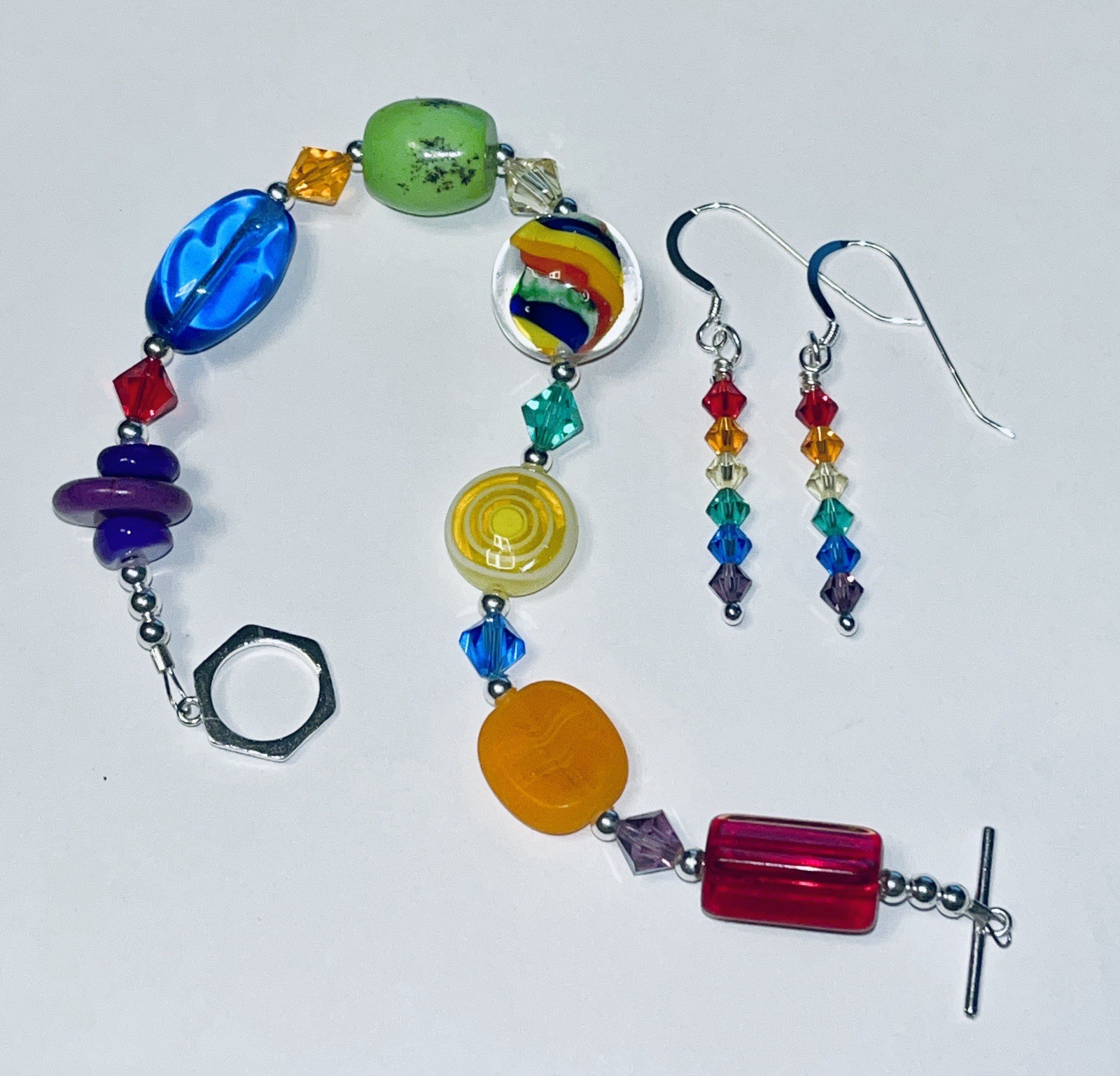Sterling Swarovski Lampwork Bracelet & Earring Set -  Spectrum Sparkle  OOAK