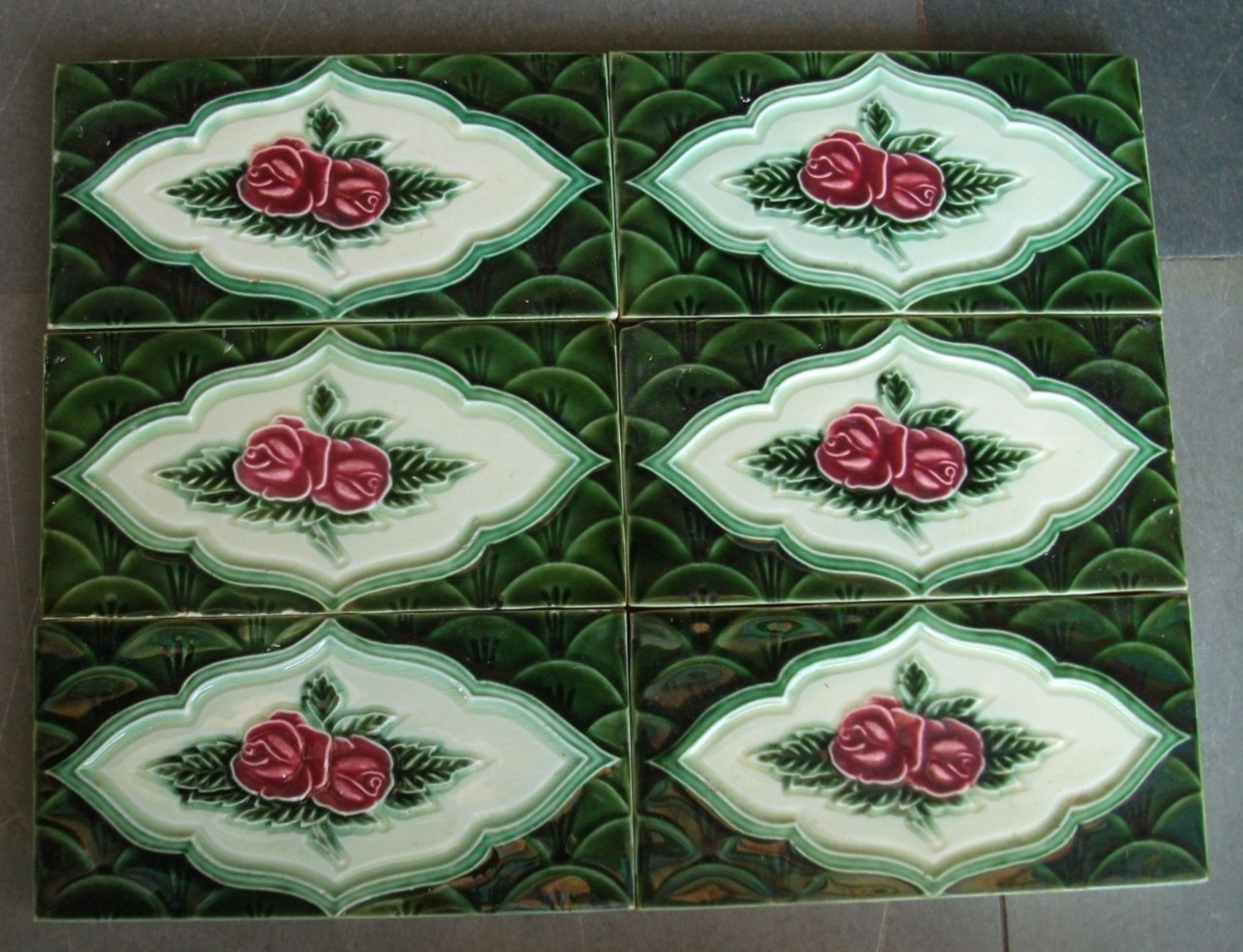 6 Pc Vintage Flowers Embossed Fine Ceramic Tiles,Japan