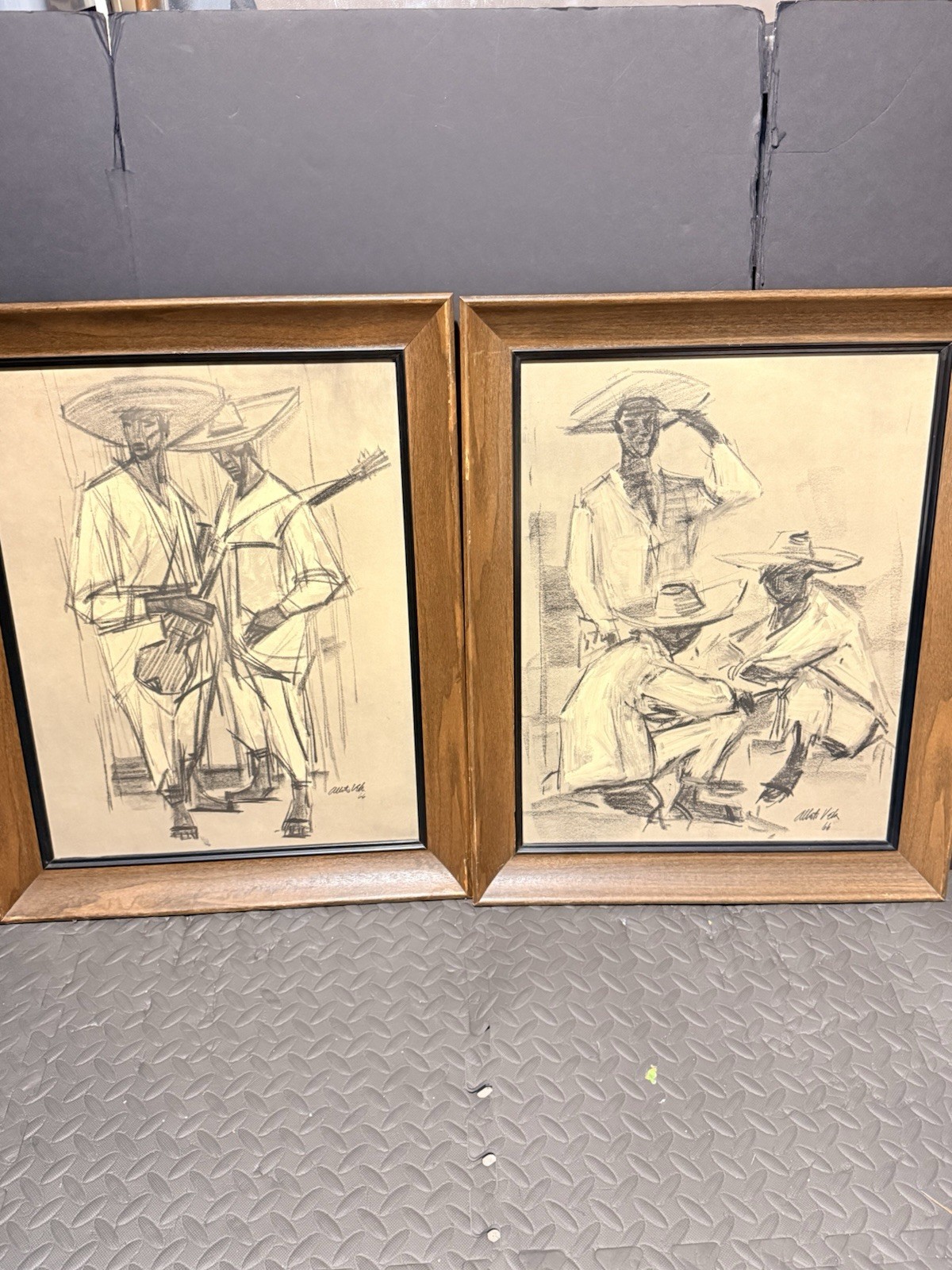 PAIR Vtg MCM Framed Cubist Mexican Musicians Workers Prints 26.5" x 21.5" VELA