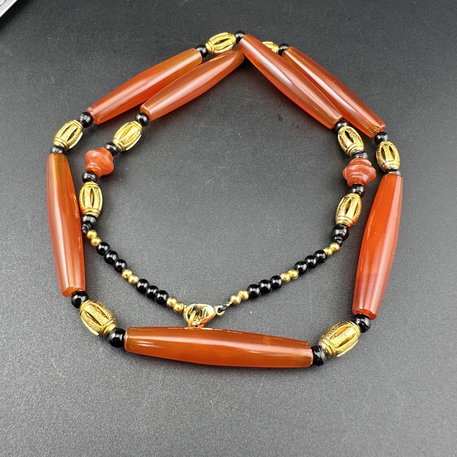 Vintage Agate Pipe Shape Beads Necklace Red Agate Rare With Gold Plated Beads