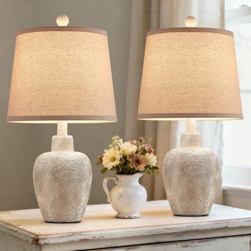 Rustic Farmhouse Table Lamps Set of 2 Small 21" Country Cottage Antique White