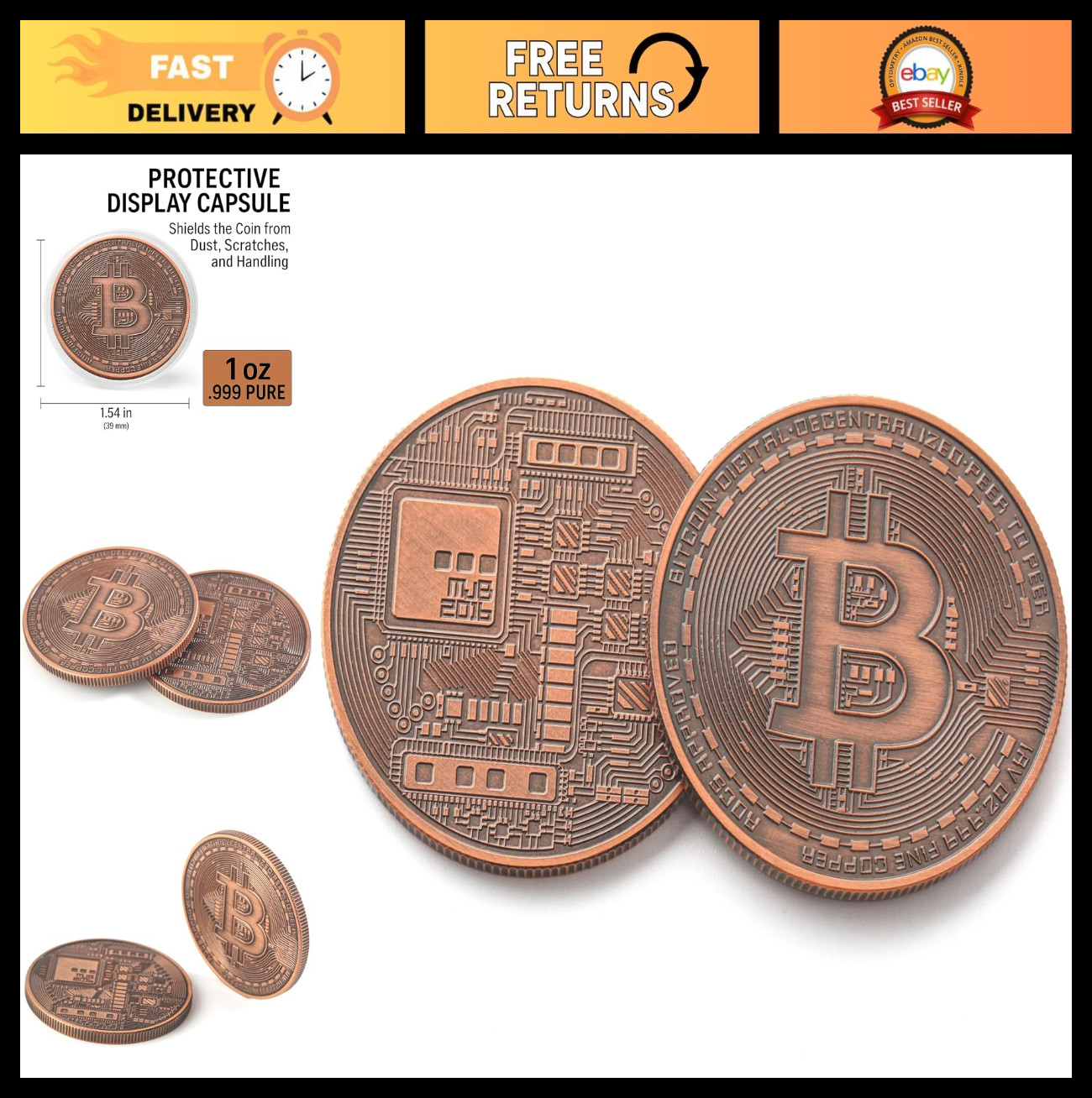 2 Pcs 1 oz .999 Pure Bitcoin Copper Coins | Commemorative Crypto Tokens Gift Set