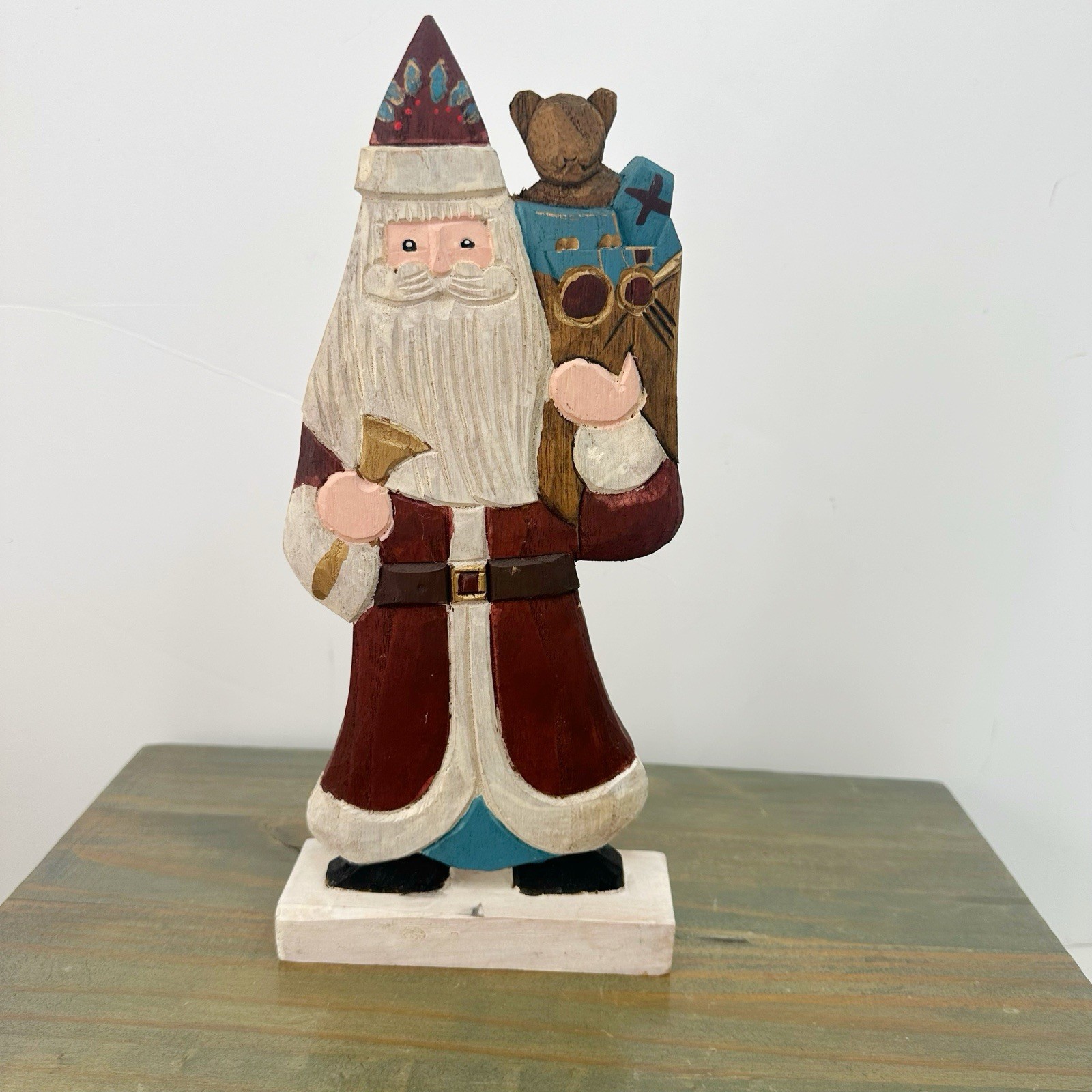 Vintage  Hand Carved Wooden Old World Santa Claus 12” Christmas Folk Art Decor