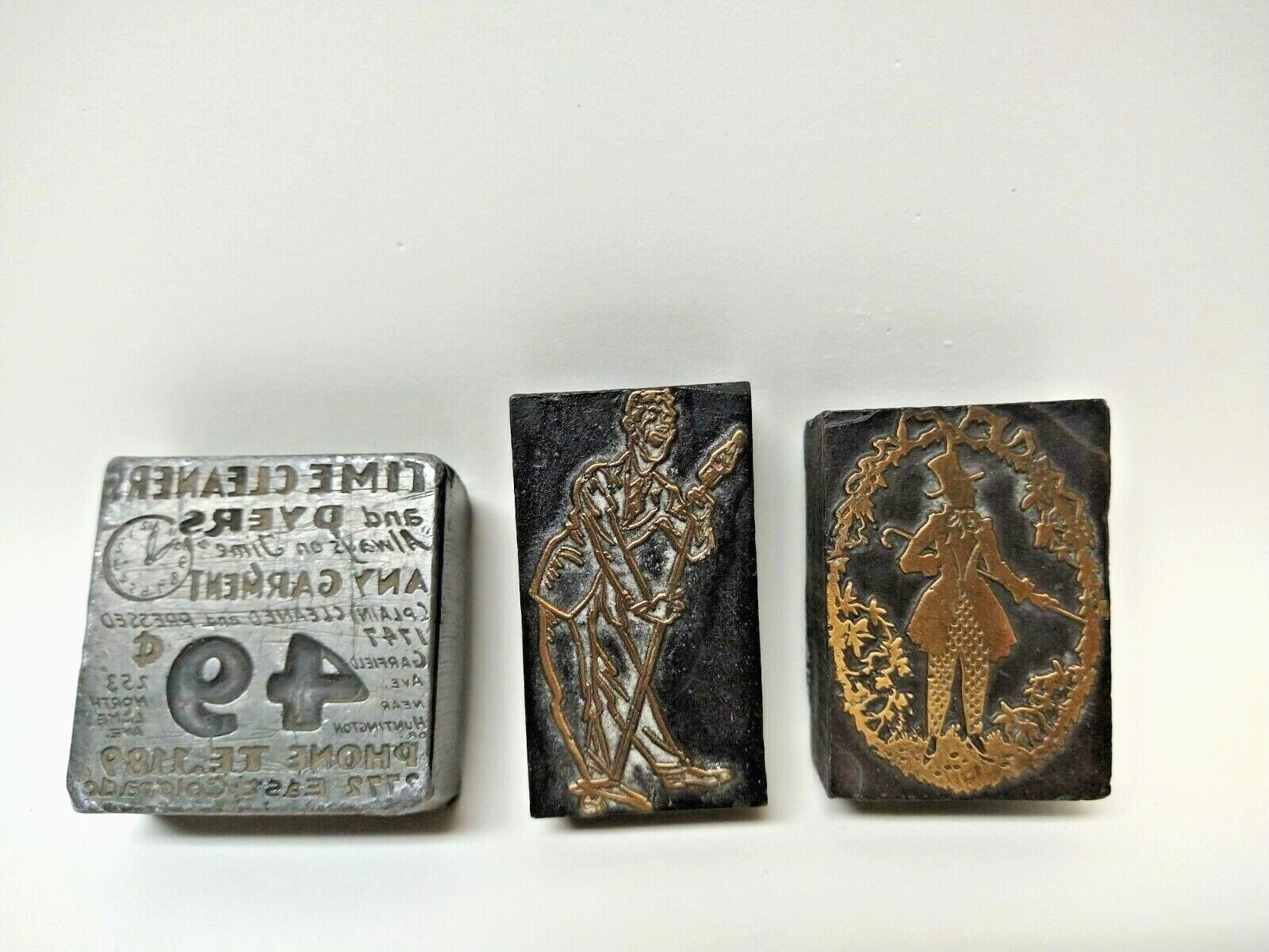 LOT 3 vintage LEAD stamps Printing press blocks HEAVY Cleaner gold reliefs