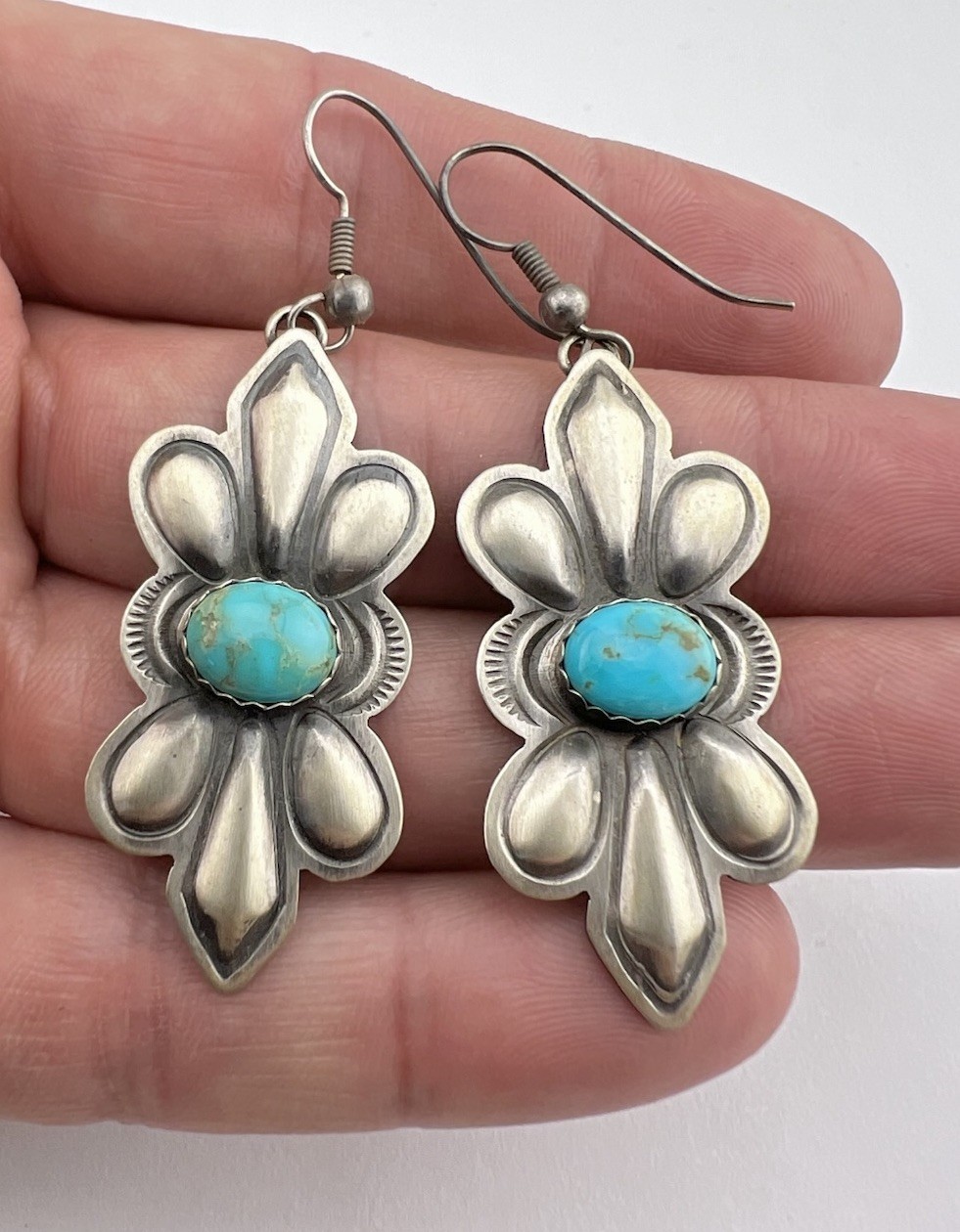 Vtg Navajo Sterling Silver Kingman Turquoise Stamped Hook Post Earrings 2.25"