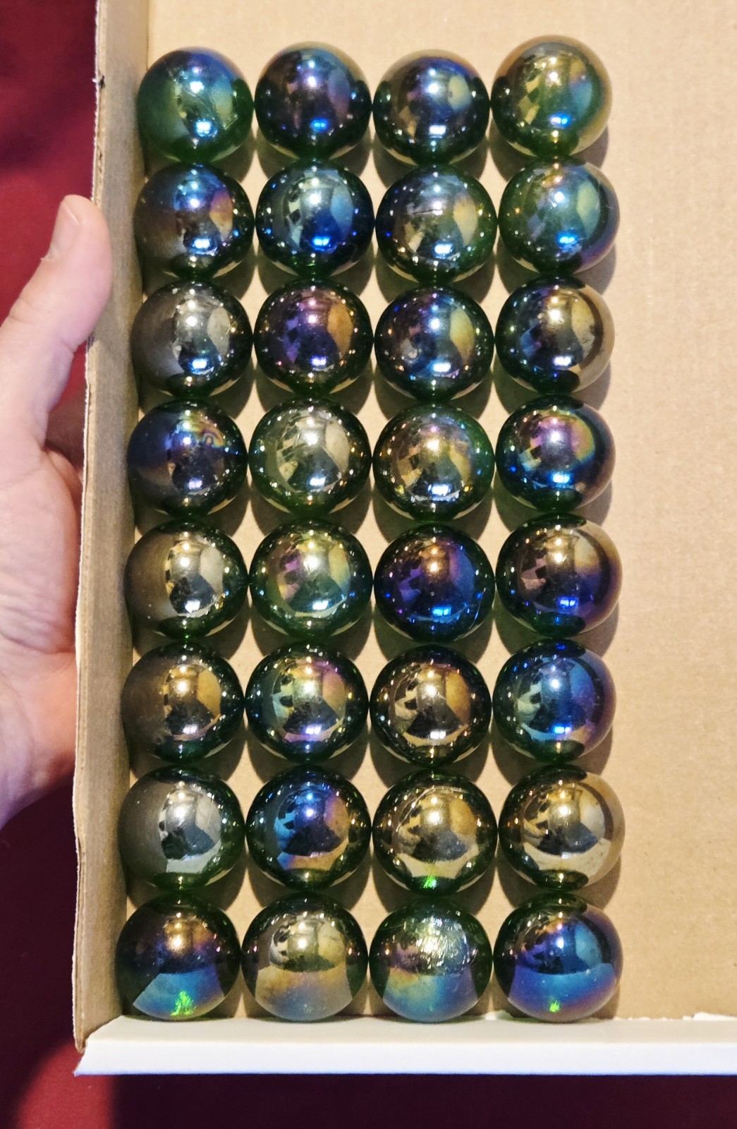 32 Large (34mm) Irridescent Green Glass Marbles