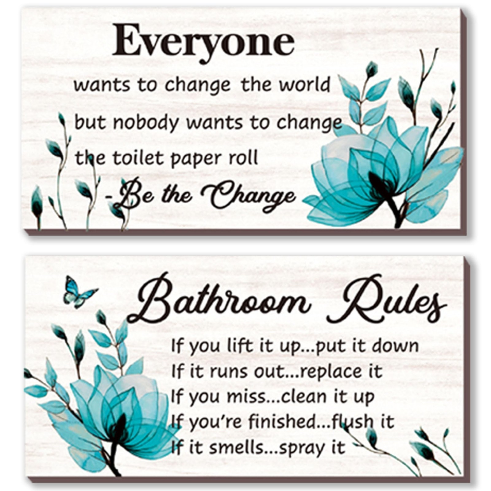 2 Pieces Teal Bathroom Decor Bathroom Rules Wall Art Flower Rules Signs Rusti...