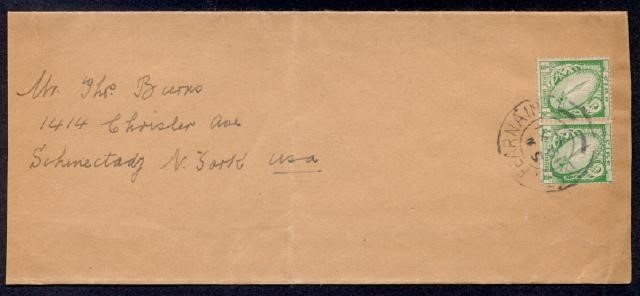 IRELAND ½d PAIR 1937 WRAPPER TO USA