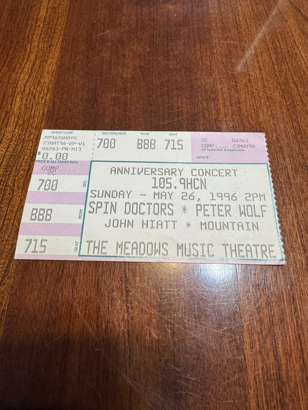 Spin Doctors Peter Wolf John Hiatt Mountain 5/26/96 Anniversary Concert Ticket